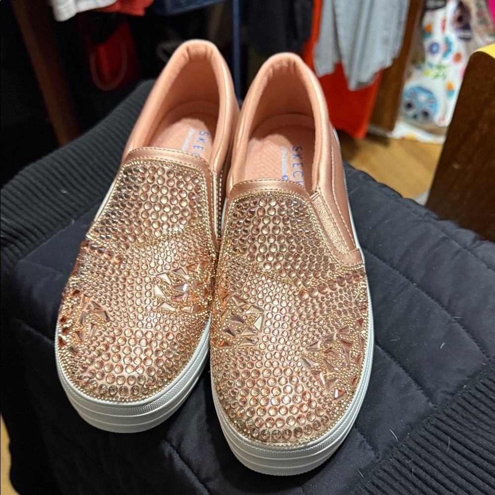 Skechers Women's Sparkling Rose Gold Slip-On Sneakers